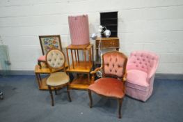 A LARGE SELECTION OF OCCASIONAL FURNITURE, to include a midcentury oak sewing box, a hexagonal