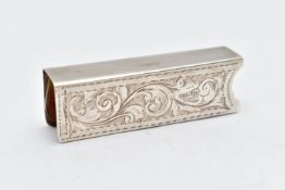 A RECTANGULAR SILVER SLEEVE CONTAINING A MOUSTACHE BRUSH AND COMB, the sleeve with foliate