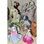 A GROUP OF CERAMIC FIGURINES, FIGURE GROUPS AND DOG FIGURES, comprising Coalport 'The Garden