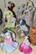 A GROUP OF CERAMIC FIGURINES, FIGURE GROUPS AND DOG FIGURES, comprising Coalport 'The Garden