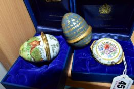 THREE HALCYON DAYS ENAMEL TRINKET BOXES, two boxed, comprising a boxed circular trinket box, the lid