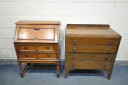 A 20TH CENTURY OAK FALL FRONT BUREAU, with fitted interior, over two long drawers, width 77cm x