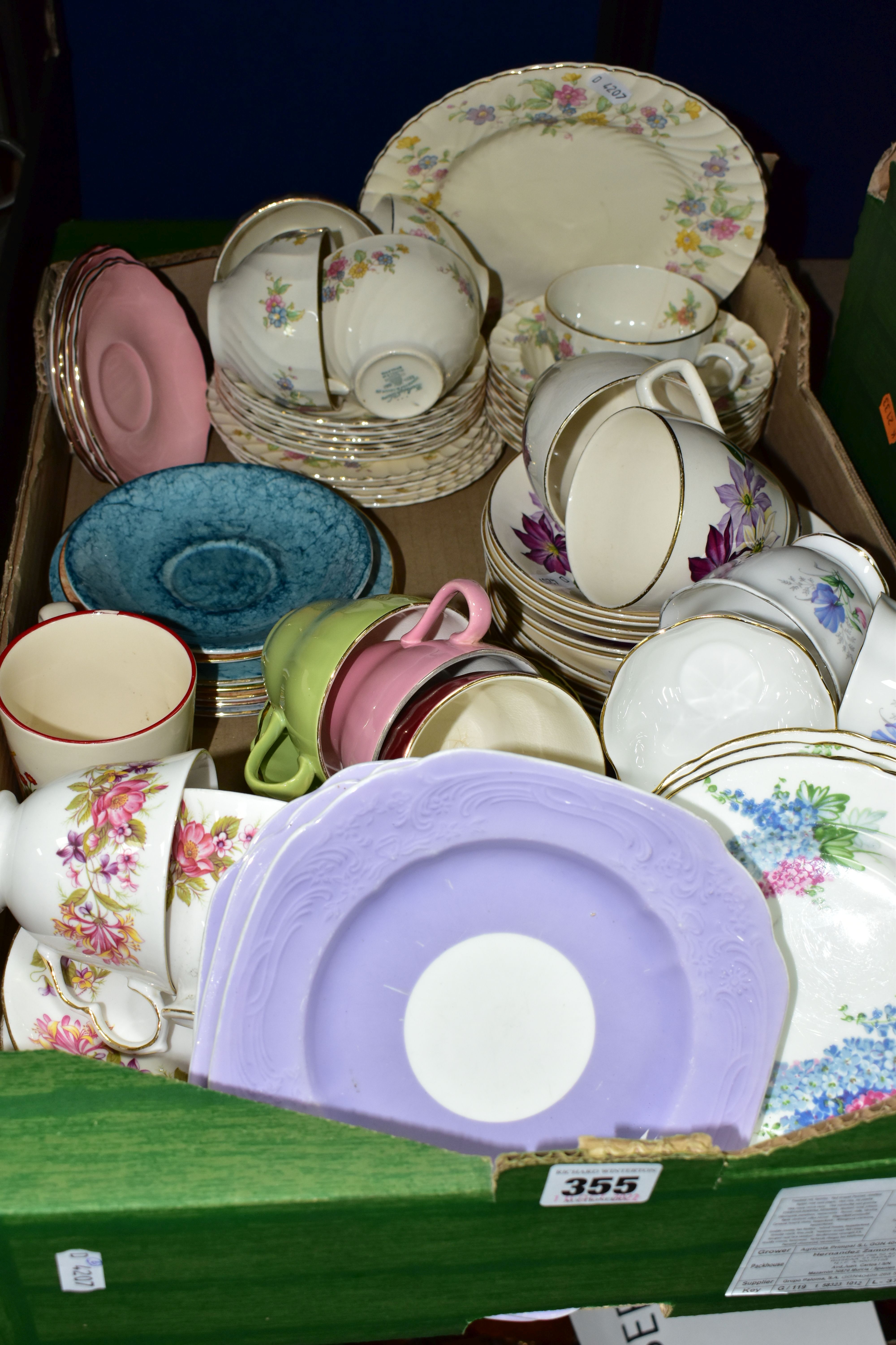 ONE BOX OF CHINA TEA WARES, to include six Aynsley lilac patterned tea plates, three Coalport '