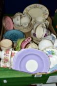 ONE BOX OF CHINA TEA WARES, to include six Aynsley lilac patterned tea plates, three Coalport '
