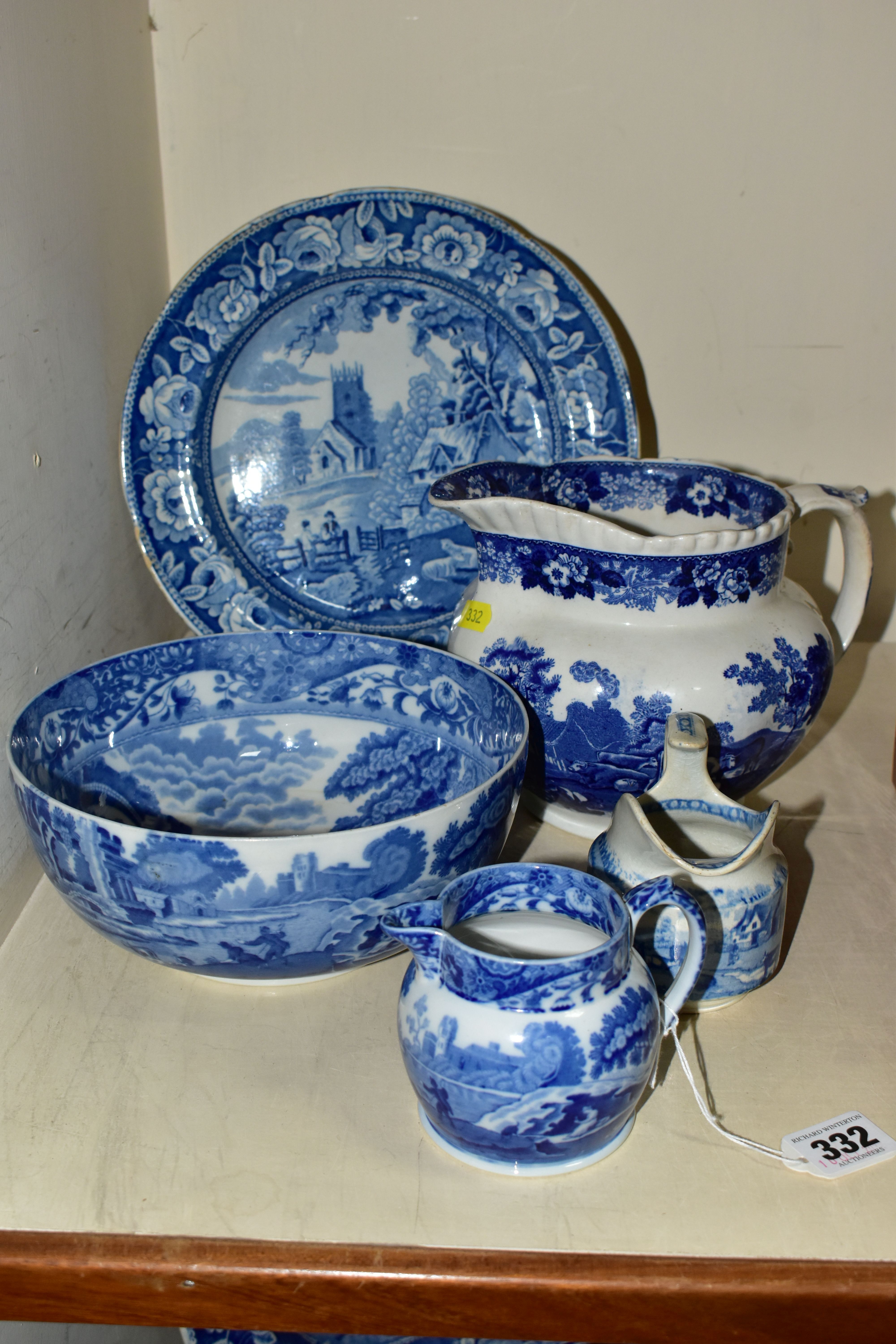 FIVE PIECES OF BLUE AND WHITE CERAMICS, comprising a Copeland Spode's Italian jug height 7cm and