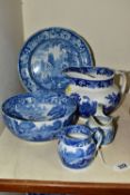 FIVE PIECES OF BLUE AND WHITE CERAMICS, comprising a Copeland Spode's Italian jug height 7cm and