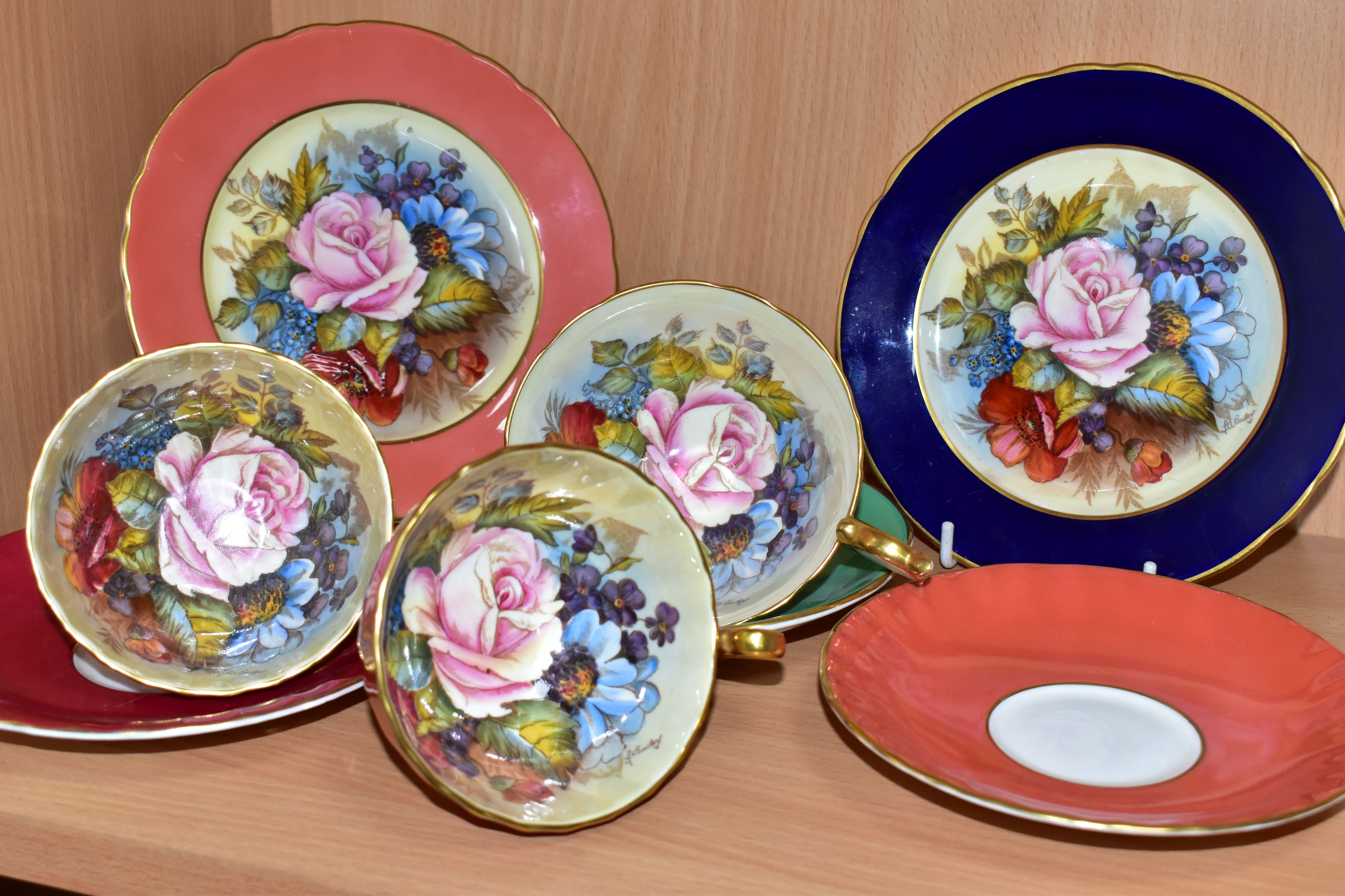 THREE AYNSLEY FLORAL DECORATED TEA CUPS AND SAUCERS BY J. A. BAILEY, with two tea plates, wavy rims, - Image 2 of 6