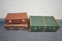 A GREEN CANVAS AND BANDED TRAVELING TRUNK, and two other vintage leather travel cases (condition -