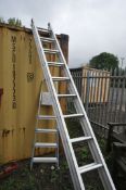 A SET OF 4.3M DOUBLE EXTENSION ALULMINIUM LADDERS together with a set of Beldray aluminium step