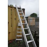 A SET OF 4.3M DOUBLE EXTENSION ALULMINIUM LADDERS together with a set of Beldray aluminium step