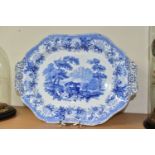 A 19TH CENTURY SPODE BLUE AND WHITE 'AESOPS FABLES THE FOX AND THE GOAT' TWIN HANDLED PLATTER,