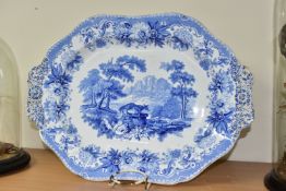 A 19TH CENTURY SPODE BLUE AND WHITE 'AESOPS FABLES THE FOX AND THE GOAT' TWIN HANDLED PLATTER,