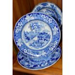 FOUR NINETEENTH CENTURY BLUE AND WHITE PLATES PRINTED WITH DEER, one with impressed 'Enoch Wood &