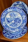 FOUR NINETEENTH CENTURY BLUE AND WHITE PLATES PRINTED WITH DEER, one with impressed 'Enoch Wood &
