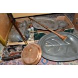 TWO BOXES OF METALWARE, COPPER AND GLASSWARE, to include an early Victorian pewter warming meat