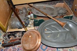 TWO BOXES OF METALWARE, COPPER AND GLASSWARE, to include an early Victorian pewter warming meat