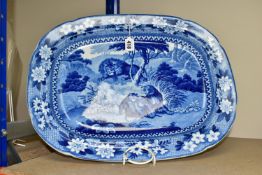 AN ADAMS BLUE AND WHITE PEARLWARE MEAT PLATE, embossed 18 on the back, decorated with a savannah