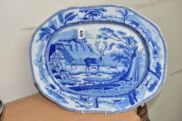 A NINETEENTH CENTURY BEWICK STAG MEAT PLATE, having a central motif of deer in the landscape,