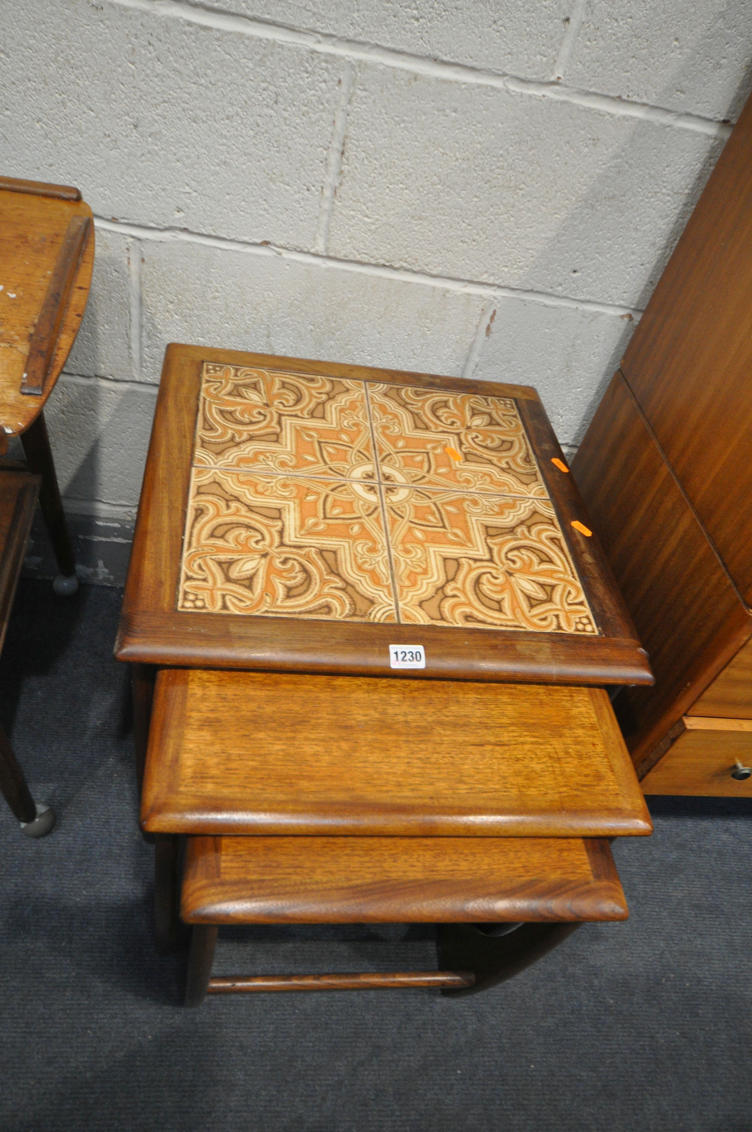 A G PLAN TILE TOP NEST OF THREE TABLES, largest table, 50cm cubed, a mid-century tea trolley, and - Image 2 of 5