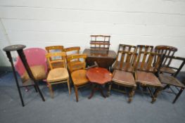 AN OAK GATE LEG TABLE, a large selection of dining chairs, comprising a set of four oak chairs