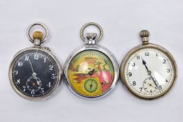 THREE POCKET WATCHES, the first a silver open face pocket watch, the circular black dial, with