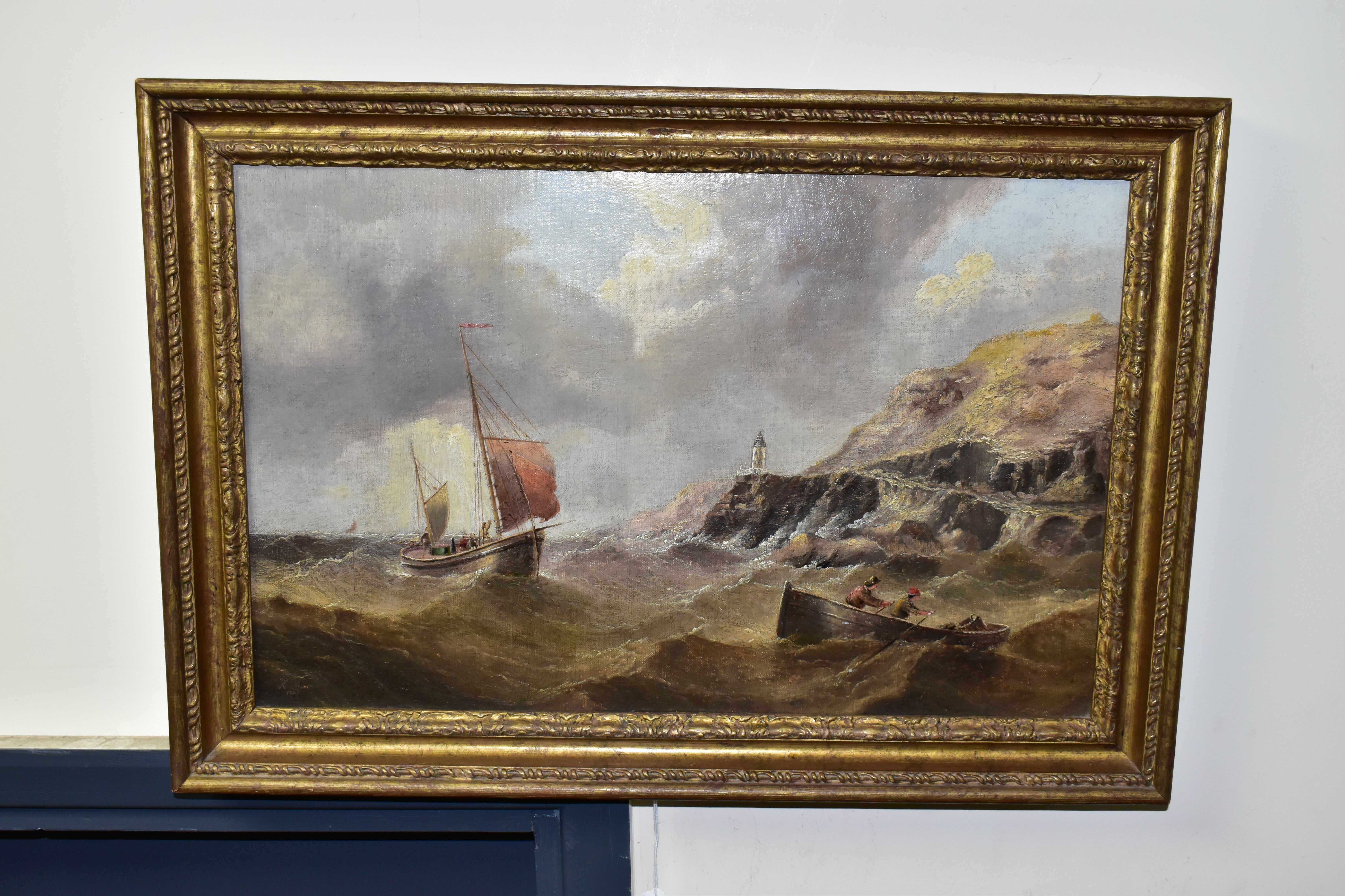H. MOORE (19TH CENTURY) A FISHING BOAT AND TENDER IN ROUGH SEAS OFF A ROCKY COASTLINE, signed and