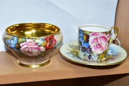 AN AYNSLEY FLORAL DECORATED COFFEE CAN, SAUCER AND SUGAR BOWL BY J. A. BAILEY, the sugar bowl of