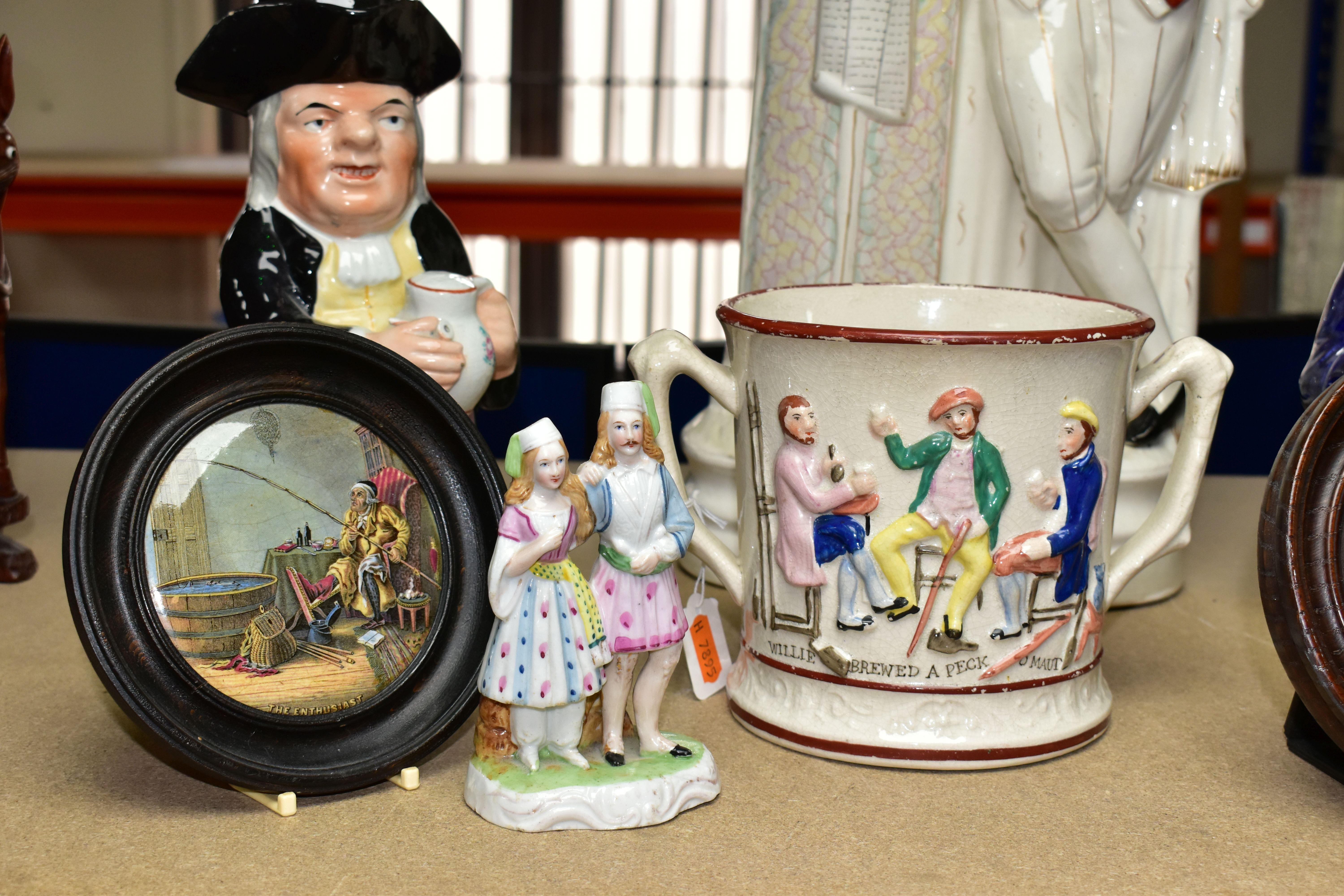 A GROUP OF SEVEN EARLY VICTORIAN CERAMICS, comprising a large Staffordshire figure of Shakespeare - Image 4 of 7