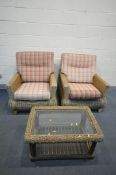 A WICKER THREE PIECE CONSERVATORY SUITE, comprising two armchairs, and a coffee table with