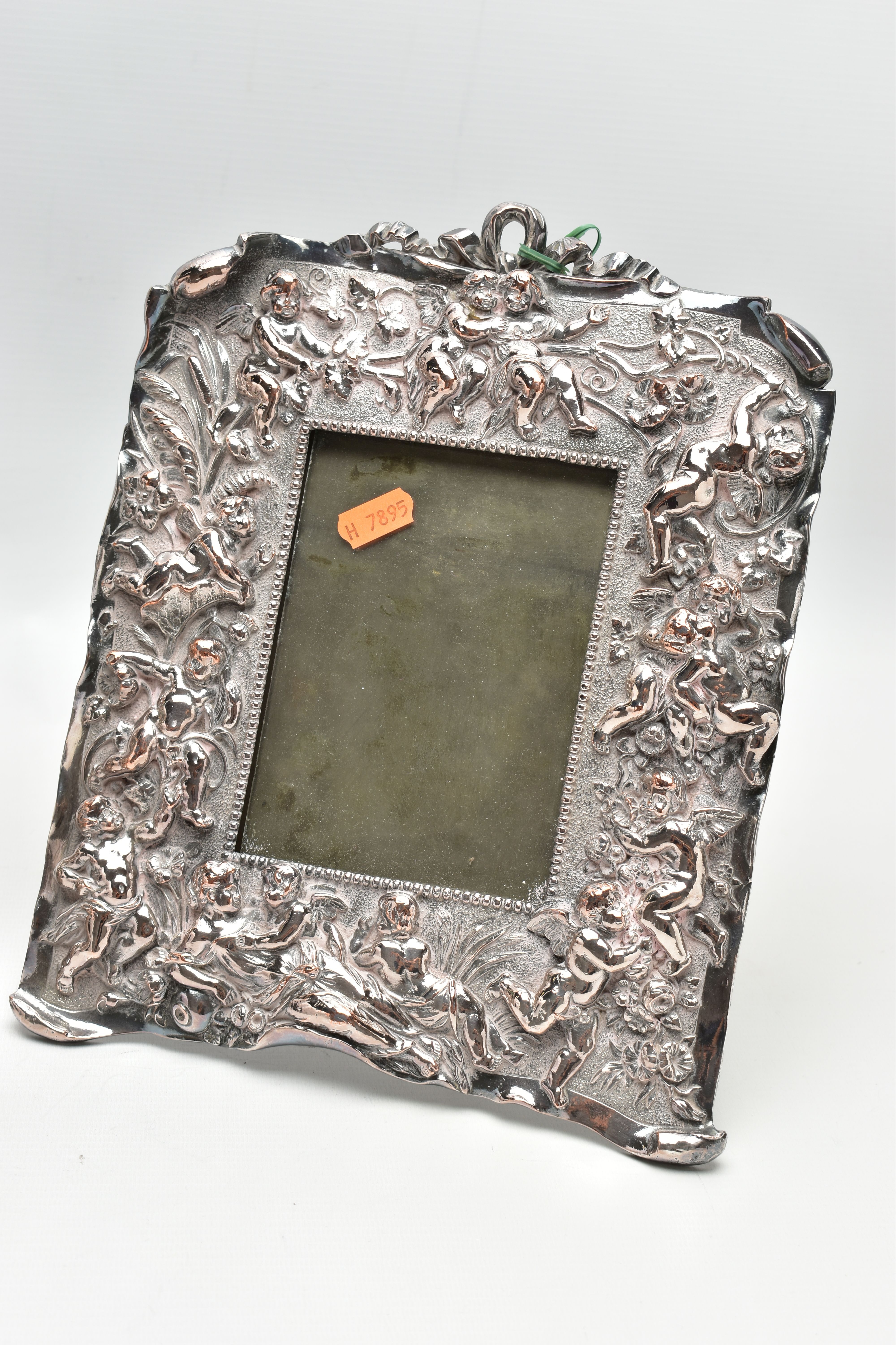 A PAIR OF WHITE METAL PHOTO FRAMES, rectangular form, detailed with a number of cherubs, a woman and - Image 2 of 7