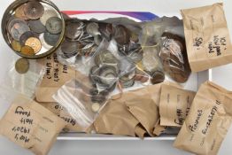 A BOX OF MAINLY UK AND WORLD COINAGE, to include 350 grams of mixed silver coins