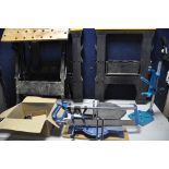 A PAIR OF COMPACT SAWHORSES along with a unbranded folding workbench, Black and Decker drill press