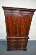 A MODERN MAHOGANY TV CABINET, top section with one adjustable shelf and a single drawer, base