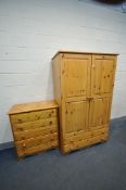 A PINE TWO PIECE BEDROOM SUITE, comprising a two door wardrobe with two drawers, width 104cm x depth
