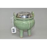 A 20TH CENTURY CHINESE PORCELAIN CELADON GLAZED TWIN HANDLED CENSER WITH A PIERCED WHITE METAL