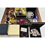 A BOX OF ASSSORTED COSTUME JEWELLERY, to include a pair of white metal and onyx earrings, a pair