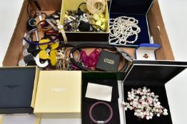 A BOX OF ASSSORTED COSTUME JEWELLERY, to include a pair of white metal and onyx earrings, a pair