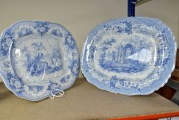 TWO 19TH CENTURY RECTANGULAR FORM BLUE AND WHITE MEAT PLATES, comprising one decorated with a