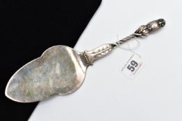 A 'GEORG JENSEN' SILVER CAKE SLICE, twisted handle with floral detailing, displaying an owl to the