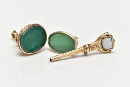 TWO 9CT GOLD FOB SEALS AND A WATCH KEY, the first designed with a polished oval green chalcedony