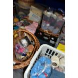 NINE BOXES OF HABERDASHERY AND MID CENTURY TEXTILES, to include a cat's wicker basket, wicker flower