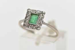 A WHITE METAL EMERALD AND DIAMOND RING, of a rectangular form, centring on a rectangular cut