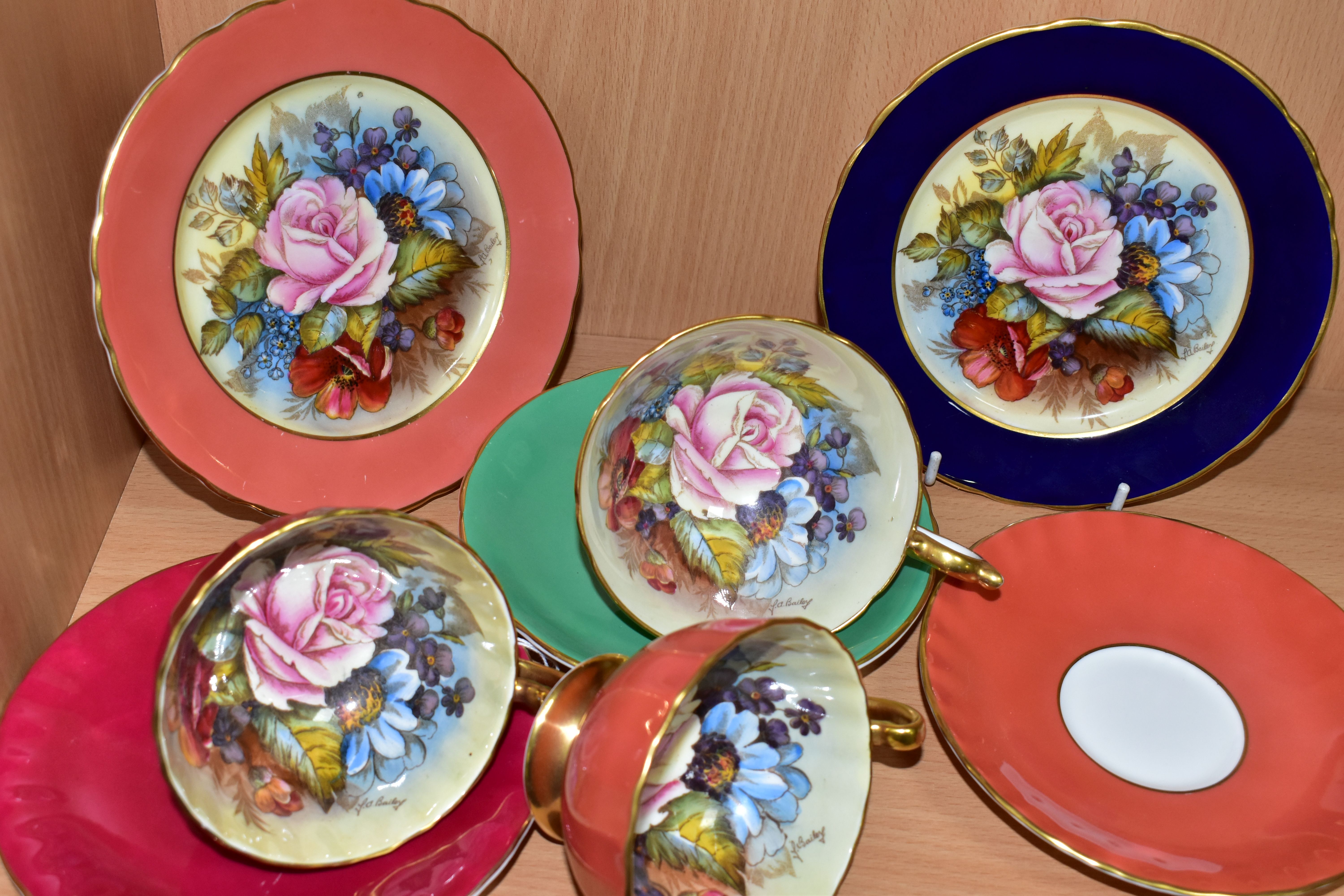 THREE AYNSLEY FLORAL DECORATED TEA CUPS AND SAUCERS BY J. A. BAILEY, with two tea plates, wavy rims, - Image 3 of 6