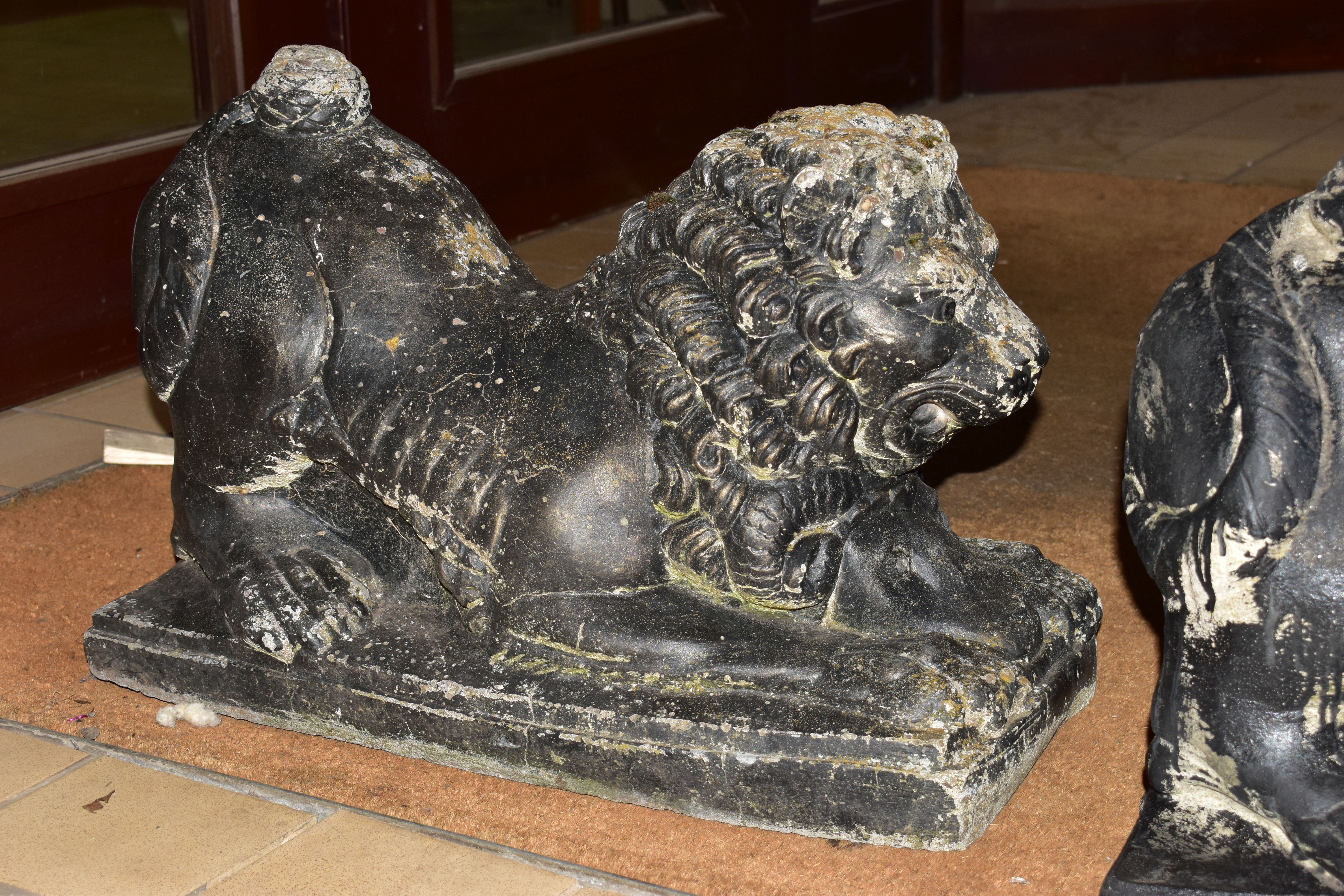 A PAIR OF BLACK PAINTED RECONSTITUTED CONCRETE GARDEN ORNAMENTS IN THE FORM OF LIONS, cast with a - Image 8 of 9