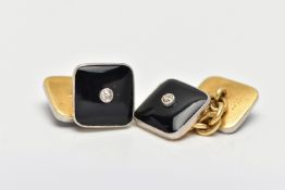 A PAIR OF DIAMOND SET CUFFLINKS, each designed with two square onyx panels, approximate width 11.6mm