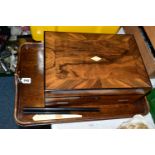 A LARGE OAK TRAY AND VICTORIAN WRITING SLOPE, the tray has four copper corners and integral handles,