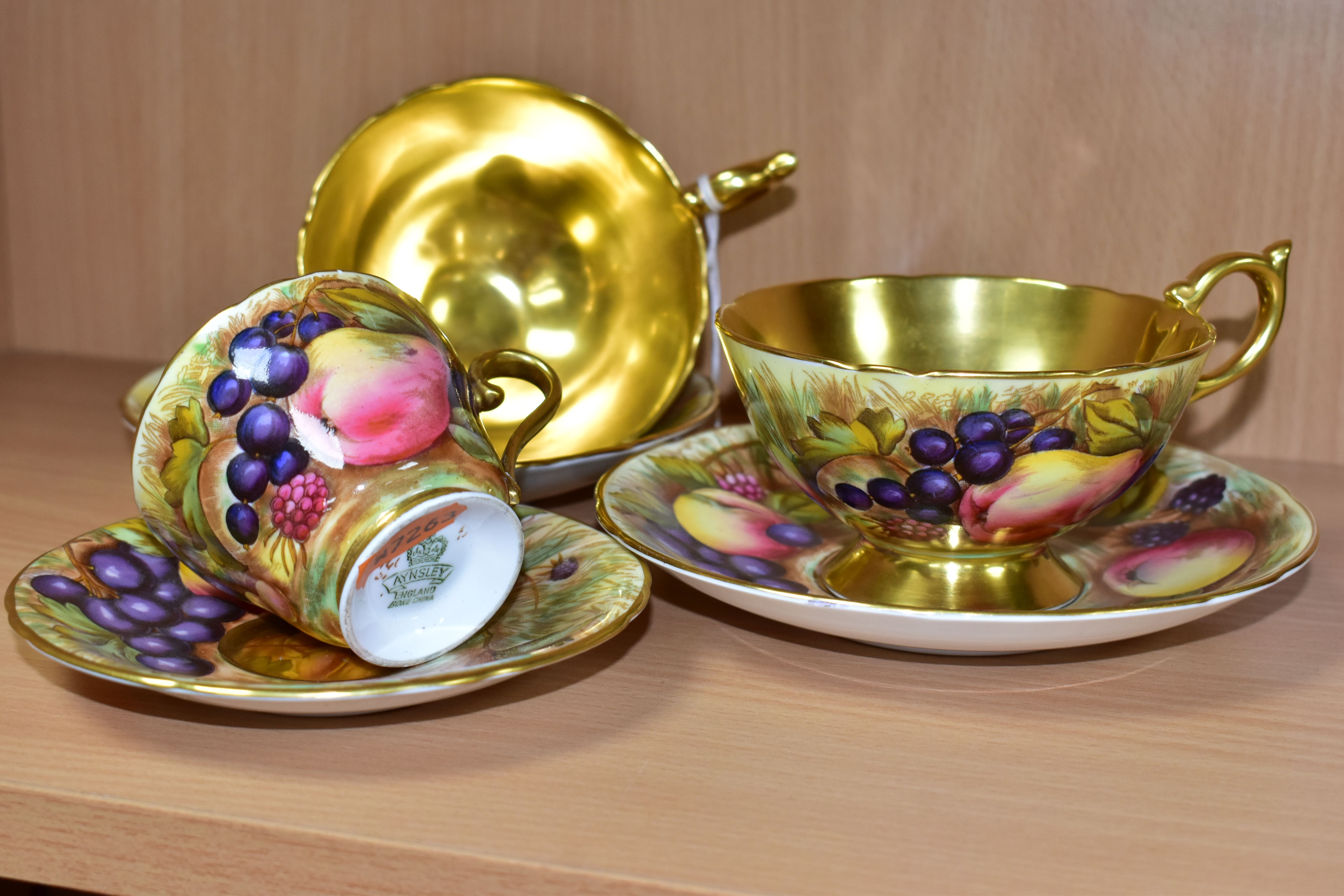 TWO AYNSLEY FRUIT DECORATED TEA CUPS AND SAUCERS SIGNED D.JONES AND A COFFEE CUP AND SAUCER SIGNED - Image 3 of 5