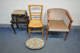 A MID CENTURY TUB CHAIR, a cane seated chair, a mahogany rectangular occasional table, a mahogany