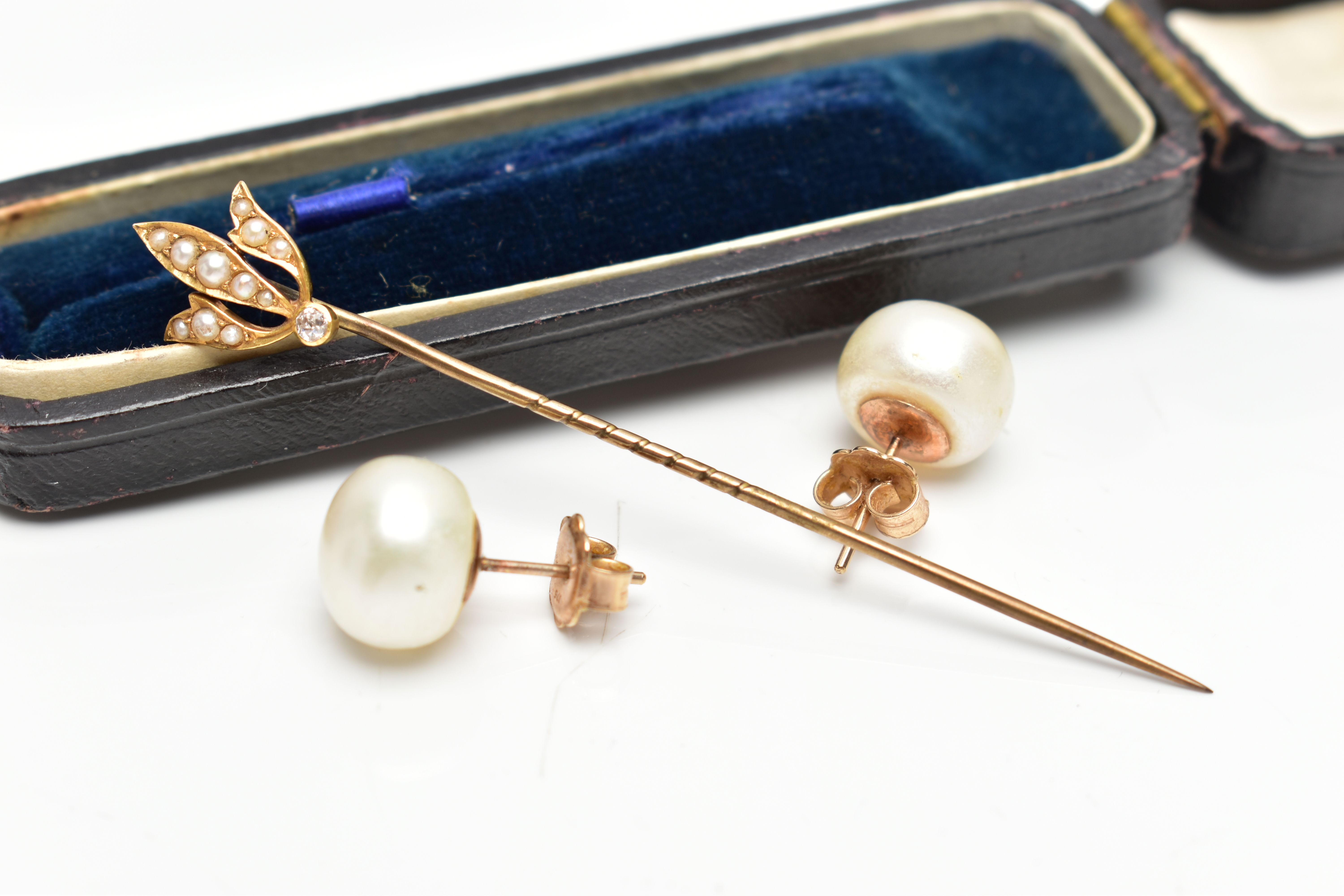 A MID 19TH CENTURY STICK PIN AND A PAIR OF MODERN PEARL EARRINGS, a floral designed stick pin, set - Image 2 of 2