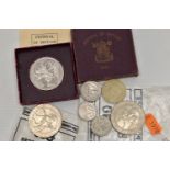A BOX CONTAINING A SMALL AMOUNT OF COINS, to include a 1951 Festival of Britain boxed Crown of